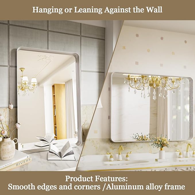 VooBang Bathroom Mirror 24x32 inch, Silver Gorgeous Deep Frame Wall Mirror, Modern Round Corner Bathroom Vanity Mirror for Bedroom, Living Room, Hanging or Leaning Horizontal or Vertical, Silver