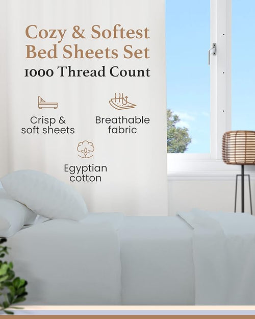 1000 Thread Count Egyptian Cotton Sheets Queen Size, 4 Pc Luxury Sheets Set, Long Staple 100% Cotton Sheets for Queen Size Bed, 16" Deep Pocket Hotel Style Sheets, Sateen Sheets Queen, Light Blue