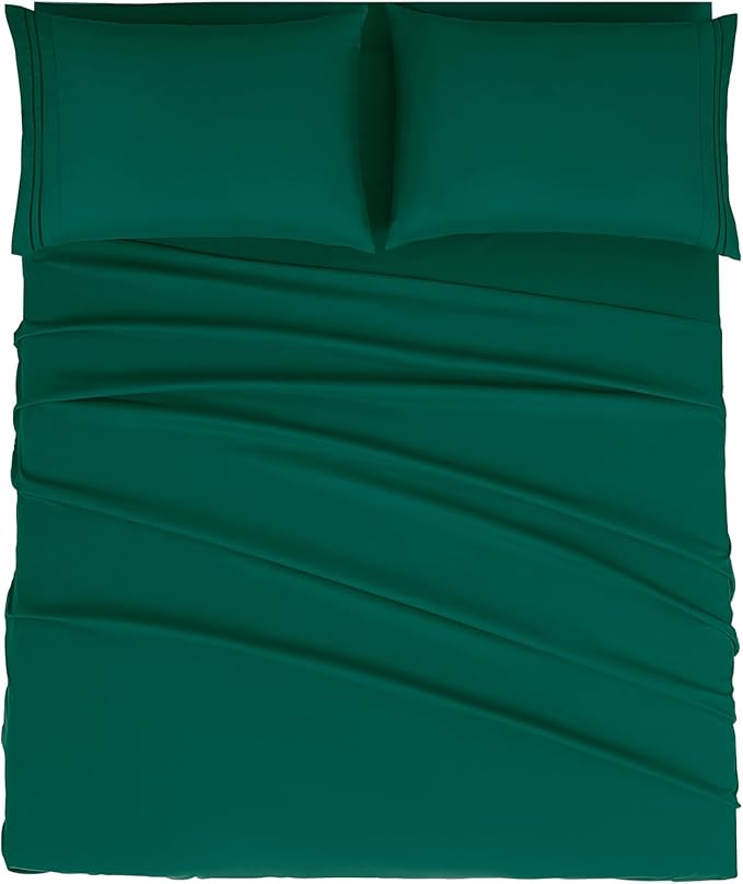 Mejoroom Queen Size Sheet Set - Hotel Luxury 1800 Bedding Sheets & Pillowcases - Deep Pocket Fitted Sheet, Soft, Breathable, Wrinkle & Fade Resistant - 4 Piece (Queen,Emerald Green)