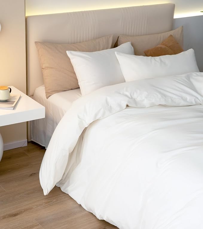 JIYUAN 100% Washed Cotton Duvet Cover Set 3 Pieces Super Queen, 1 Duvet Cover 90x98 Inches(Comforter Not Included) and 2 Pillowcases,Linen Feel Bedding Set Comfy and Breathable,Bright White