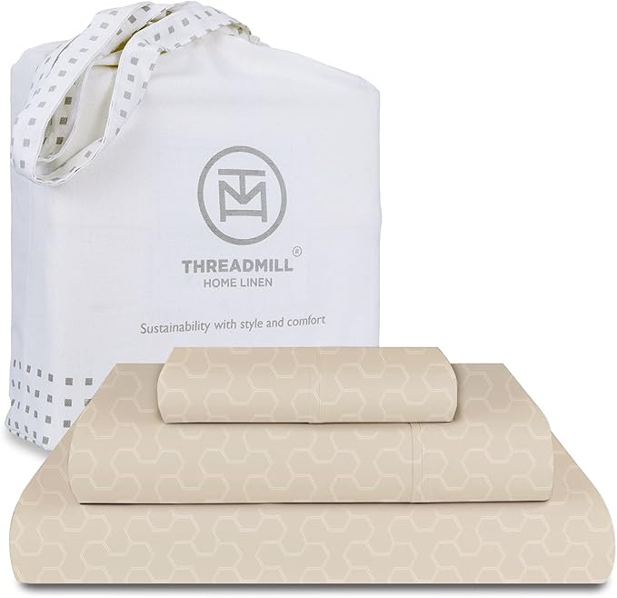 Threadmill 500TC Cotton Twin XL Sheet Set - Light Beige Floria, 3-Piece Bed Linen Set with 15" Deep Pocket, Damask Jacquard Sateen, Premium Soft Breathable Hotel-Style Sheets