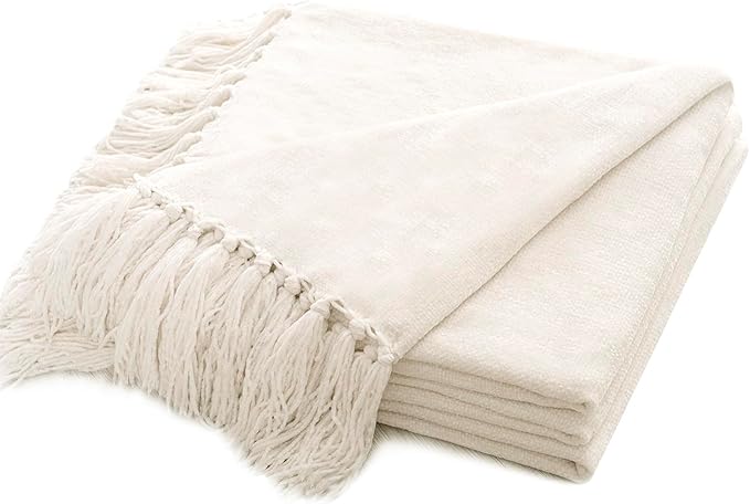 RECYCO Throw Blanket Soft Cozy Chenille Throw Blanket with Fringe Tassel for Couch Sofa Chair Bed Living Room (Ivory White, 60" x 80")