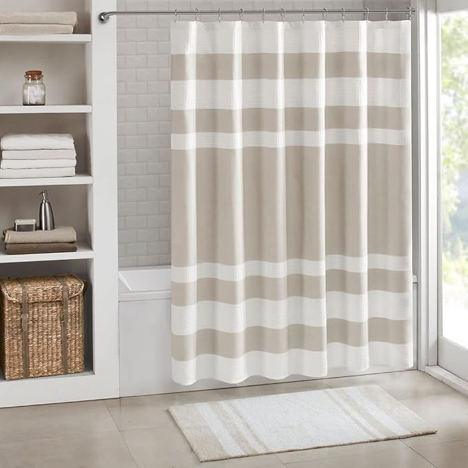 Madison Park Shower Curtain, Waffle Weave, Pieced Design Fabric Shower Curtain with 3M Scotchgard Moisture Management, Premium Spa Quality Modern Shower Curtains for Bathroom, Tall 72"x84" Taupe