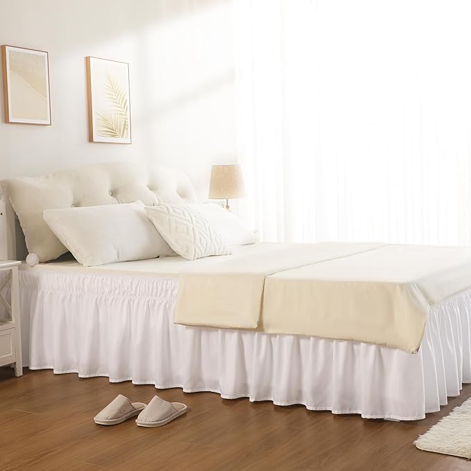 RIMELA Bed Skirting Queen Size White Bed Skirt 25 Inch Drop, Wrap Around Elastic Adjustable Bedskirt, Dust Ruffle for Bed Frame & Box Spring Soft Durable Fabric Machine Washable Easy to Install