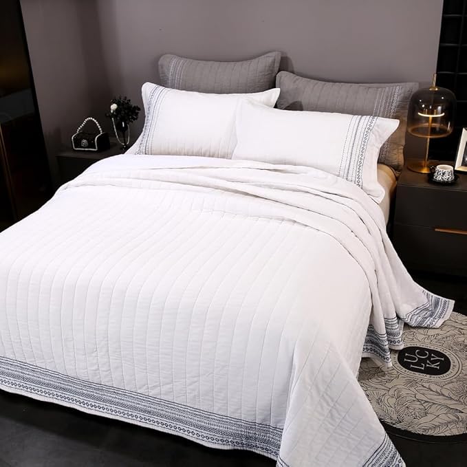 Quilt Set Floral Leaves 3D Embroidery Pattern 2 PCS Cotton Reversible Quilted Embroidered Decorative Bedspreads Coverlet Set, Lightweight &Soft Queen Size Beige Bedding Coverlet for All Season