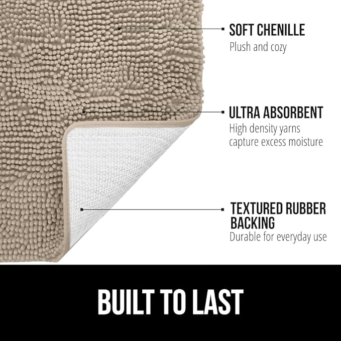 GORILLA GRIP Bath Rug Mat 48x17, Thick Absorbent Chenille, Quick Dry Microfiber Mats, Rubber Backing Washable Shower Floor Rugs, Bathmat Runner, US Designed Bathroom Home Decor Accessories Gray Beige