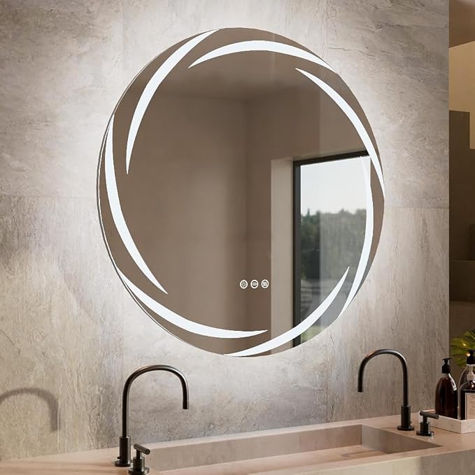 LUVODI Round LED Bathroom Mirror: 32” Circle Wall Mounted Large Lighted Makeup Mirror with 3 Color Bright Backlit - Smart Anti Fog Dimmable Vanity Mirror with Touch Switch for Restroom Toilet Hallway