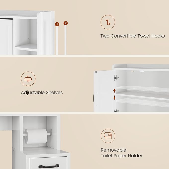 Over The Toilet Storage Cabinet with Pulley, Bathroom Cabinet, Space Saver W/Adjustable Shelf Rack for Bathroom, Restroom, Laundry (White-Type B)