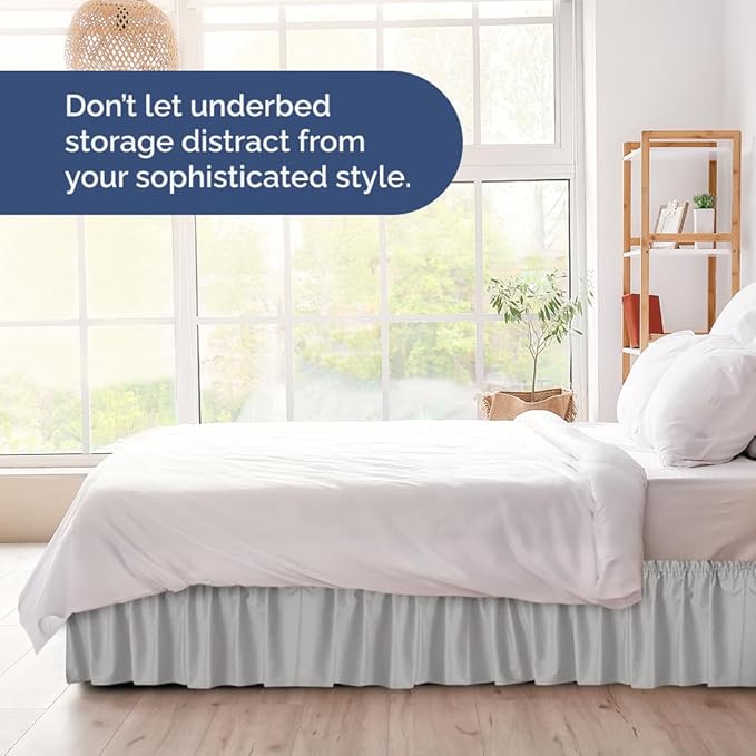 Wrap Around Dust Ruffle Bed Skirt - Light Grey - for King Size Beds w/ 14 Inch Drop - Easy Fit Elastic Strap - Adjustable Pleated Bedskirt with Brushed Fabric, Wrinkle Free Women, Men, Kids and Teens