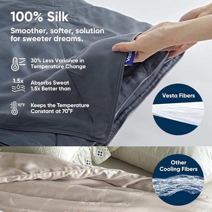 Vesta Washable Silk Lightweight Comforter, Cooling Blanket for Hot Sleepers, 100% Long Staple Mulberry Silk, Moisture & Thermal Control for Summer Use (Pine Grey, King/Cal King 104'' X 90'')
