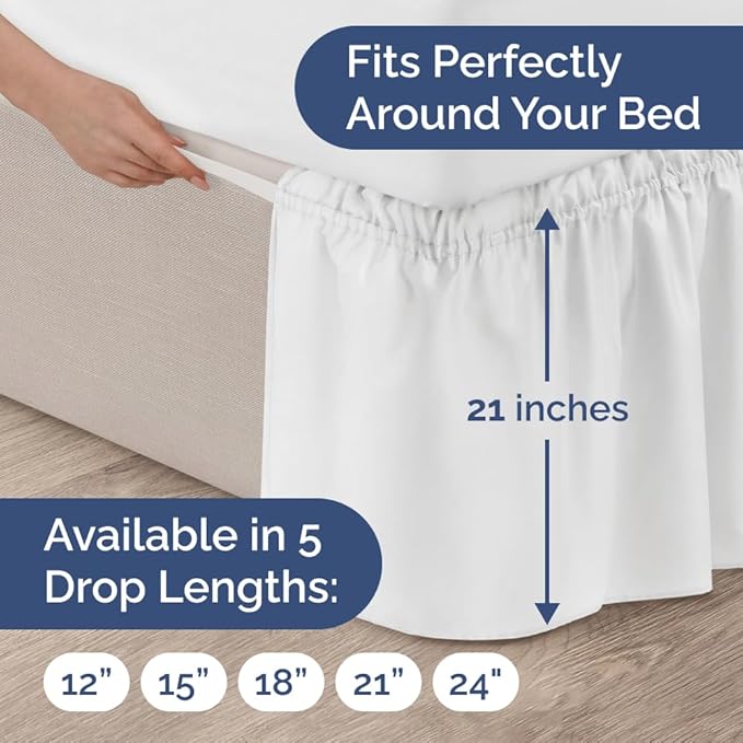 Wrap Around Dust Ruffle Bed Skirt - White - for Full Size Beds with 21 Inch Drop - Easy Fit Elastic Strap - Adjustable Pleated Bedskirt w/Brushed Fabric - Wrinkle Free - for Women, Men, Kids & Teens