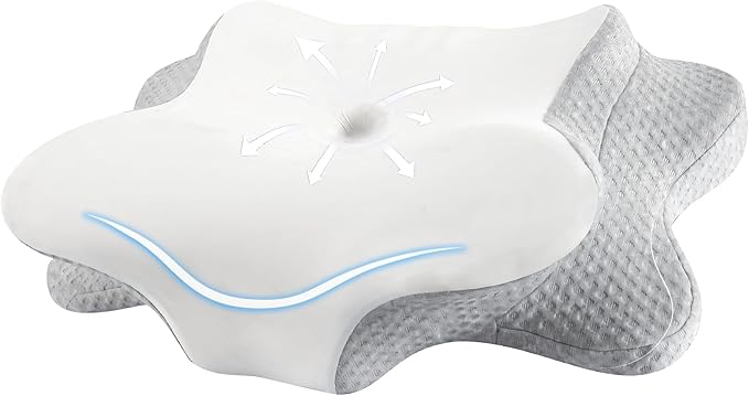Cervical Neck Pillow for Sleeping, Dual Height Contour Memory Foam Pillow for Neck Pain Relief & Support, Orthopedic Butterfly Pillow for Side, Back & Stomach Sleepers – Cooling Washable Cover
