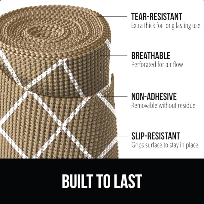 GORILLA GRIP powerGRIP Drawer Shelf and Cabinet Liner, Thick Strong Hold, Non-Adhesive Liners Protect Kitchen Cabinets and Cupboard, Bathroom Drawers, Easy Install, Breathable Mat, 20" x30', Beige