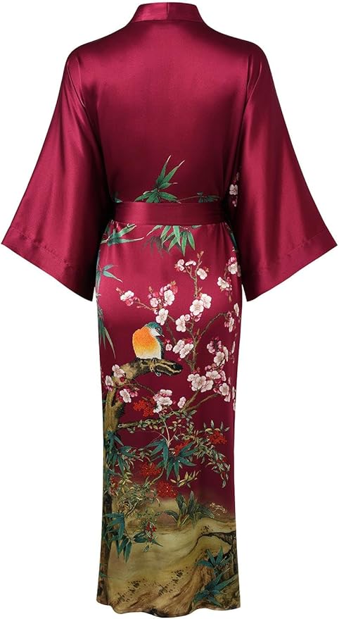 Women's Silk Kimono Robe Long Bathrobe Nightgown 100% Mulberry Silk for Women - Classic Floral Pattern