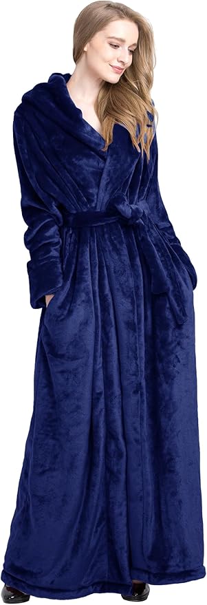 Women's Plush Robe Extra Long Robe with Pockets Thicken Soft Warm Bathrobe