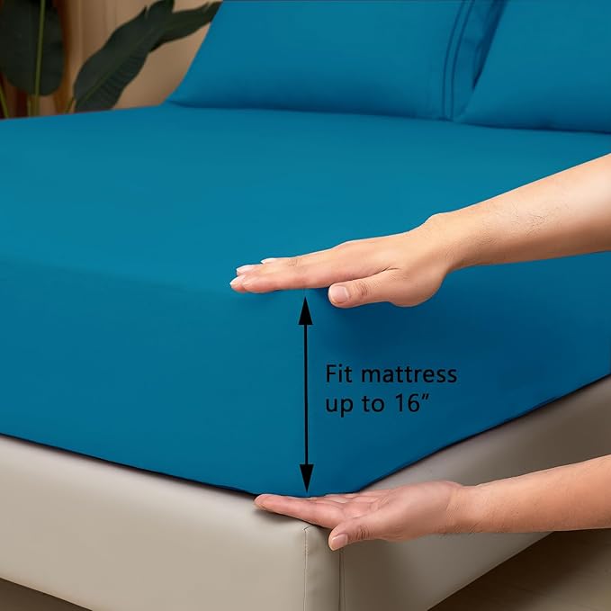 Mejoroom Bed Sheets Set - Extra Soft Luxury Full Sheets with 16 Inch Deep Pocket - Premium Bedding Collection - Breathable, Wrinkle, Fade & Stain Resistant - 4 Piece (Full, Peacock Blue)