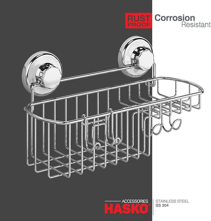HASKO Suction Cup Shower Caddy Basket for Shampoo, Shower Suction Shelf Organizer, Basket with Soap Holder and Hooks, Stainless Steel Shampoo Holder for Bathroom Storage (Chrome)