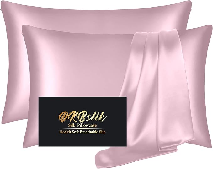 Silk Pillow Cases 2 Pack, Mulberry Silk Pillowcases Standard Set of 2, Smooth, Anti Acne, Beauty Sleep, Both Sides Natural Silk Satin Pillow Cases for Women 2 Pack with Zipper for Gift, Light Pink
