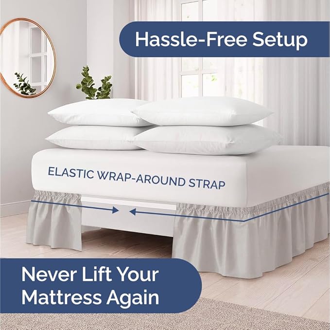 Wrap Around Dust Ruffle Bed Skirt - Light Grey - for Full Size Beds with 12 Inch Drop - Elastic Strap - Adjustable Pleated Bedskirt with Brushed Fabric and Wrinkle Free - for Women, Men, Kids & Teens
