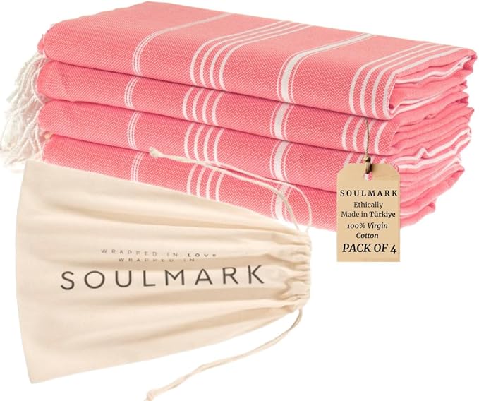 SOULMARK 100% Cotton Turkish Beach Towel with Bag - 38"x71" - 4 Pack - Made in Green & Oeko TEX Certified - Pre-Washed & Sand Free - Quick Dry and Lightweight for Travel - Made in Turkey - Salmon Red