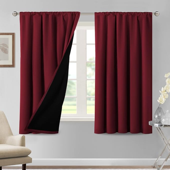 H.VERSAILTEX 100% Blackout Curtains for Bedroom Thermal Insulated Blackout Curtains 63 Inches Long Rod Pocket Window Drapes for Living Room with Black Liner 2 Panels Set, Burgundy