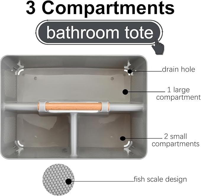 Haundry Plastic Light Gray Shower Caddy Basket with 3 Compartments, Portable Divided Bathroom Cleaning Caddy Organizer Storage Tote with Handle for Dorm, College, Room Essentials