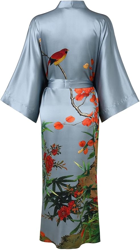 Women's Silk Kimono Robe Long Bathrobe Nightgown 100% Mulberry Silk for Women - Classic Floral Pattern