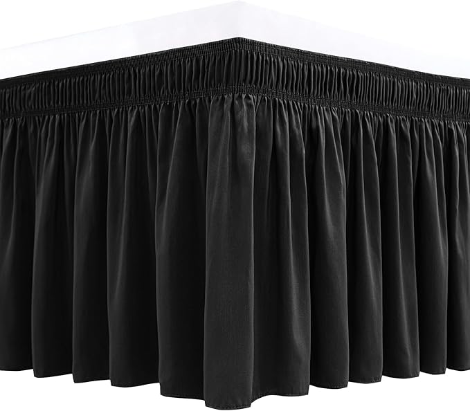 Biscaynebay Wrap Around Bed Skirts for King & Cal King Beds 11" Short Drop, Black Adjustable Elastic Dust Ruffles Easy Fit Wrinkle Resistant Silky Luxurious Fabric Machine Washable