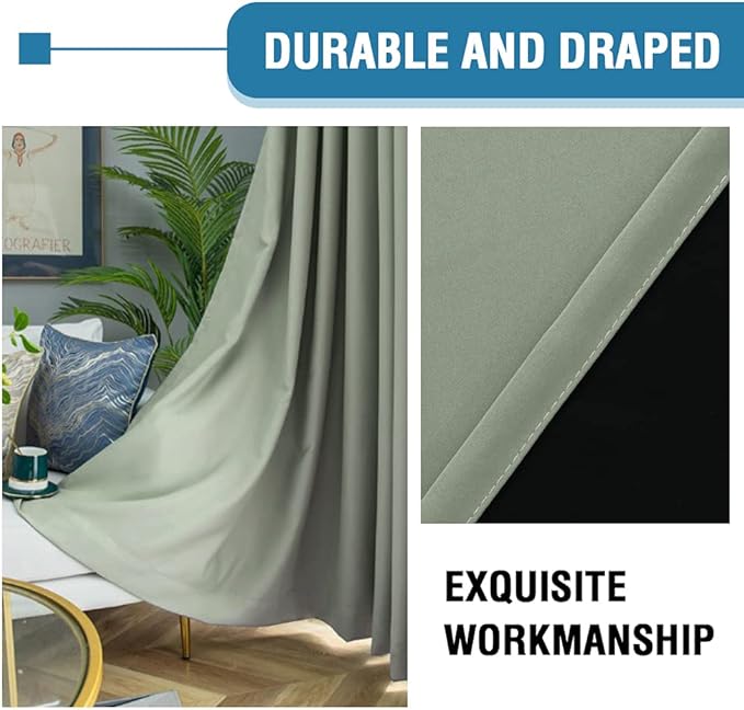 H.VERSAILTEX 100% Blackout Curtains for Bedroom Short Curtains Half Window Curtains for Kitchen, Privacy Energy Saving Curtain Tiers for Bathroom Shades, W 42 x L 36 inch, Light Sage, Set of 2