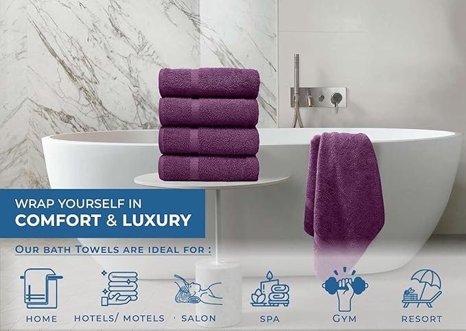 DAN RIVER Bath Towels Set of 4, 27 x 54 Inches, 100% Cotton, Larger & Lighter Weight, Quicker to Dry, Super Soft and Absorbent, Ideal Quick Dry Bath Towel for Daily Use, Purple