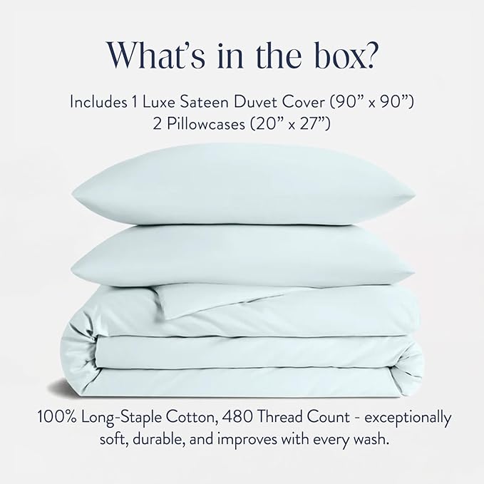 Brooklinen Luxury Sateen Duvet Cover Set - 100% Cotton, Full/Queen Size in Sky - Includes 1 Duvet Cover and 2 Standard Pillowcases - Best Full/Queen Duvet Covers