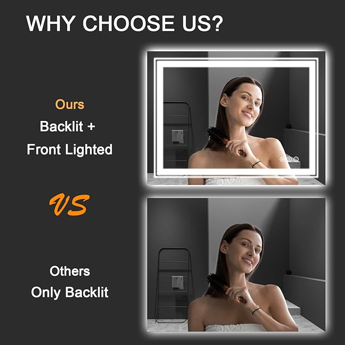 LED Bathroom Mirror, 55"x30" with Front and Backlit, Anti-Fog, Large Bathroom Vanity Mirror for Wall, Memory Function, Stepless Dimmable, Tempered Glass (Horizontal/Vertical)