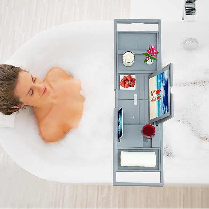 Premium Bamboo Bathtub Caddy - Expandable Size, Fits Most Bath Tubs - Grey