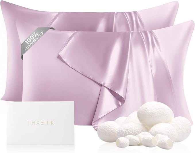 THXSILK Set of 2 100% Mulberry Silk Pillowcase for Hair and Skin Health, 22 Momme Soft and Smooth Pillowcases with Hidden Zipper, Both Sides Premium Grade 6A+ Silk, Standard 20"x26", Light Purple