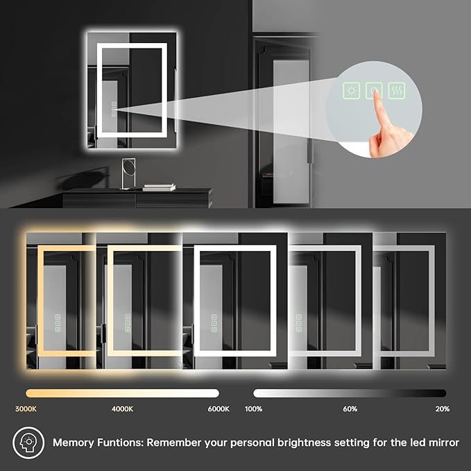 16x20 Inch LED Bathroom Mirror Frameless Vanity Mirror with Lights Backlit and Frontlit Dimmable Anti-Fog (Auto Off) Memory Makeup Wall Mirror for Bedroom Cloakroom Living Room