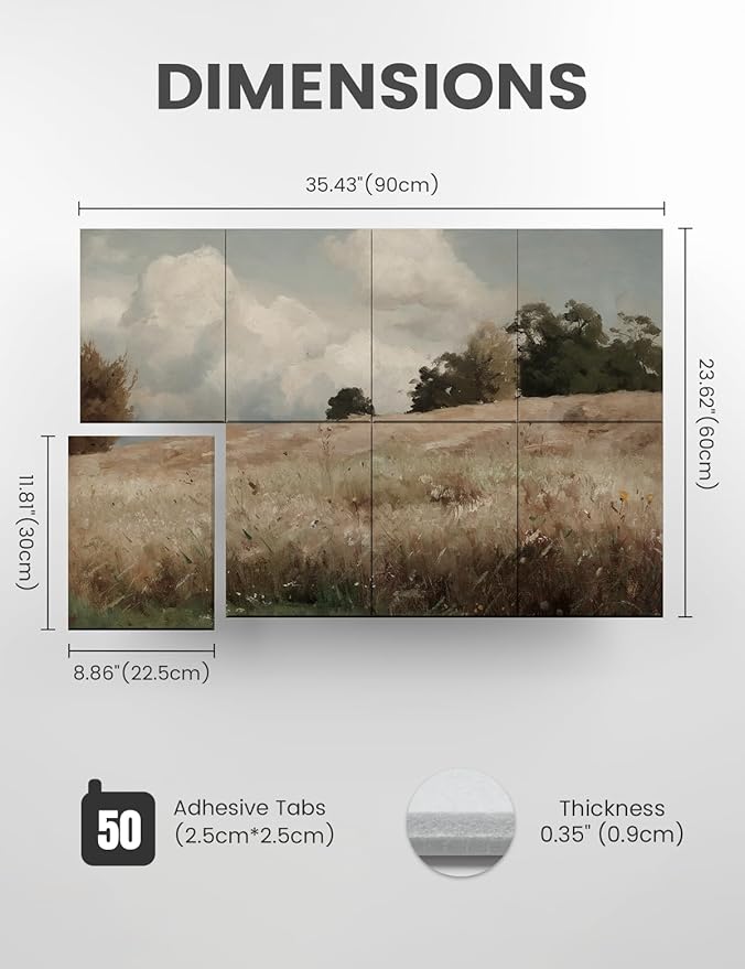 Wall Art Acoustic Panels,35''X24''Soundproof Wall Panels-8-Pack with 50 Adhesive Tabs, Panels for Living Room and Recording Studio, Offices-Grain field, landscape study