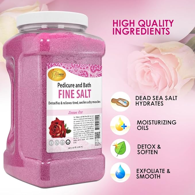 SPA REDI - Detox Foot Soak Pedicure and Bath Fine Salt, Sensual Rose, 128oz - Made with Dead Sea Salts, Argan Oil, Coconut Oil, and Essential Oil - Hydrates, Softens and Moisturizes