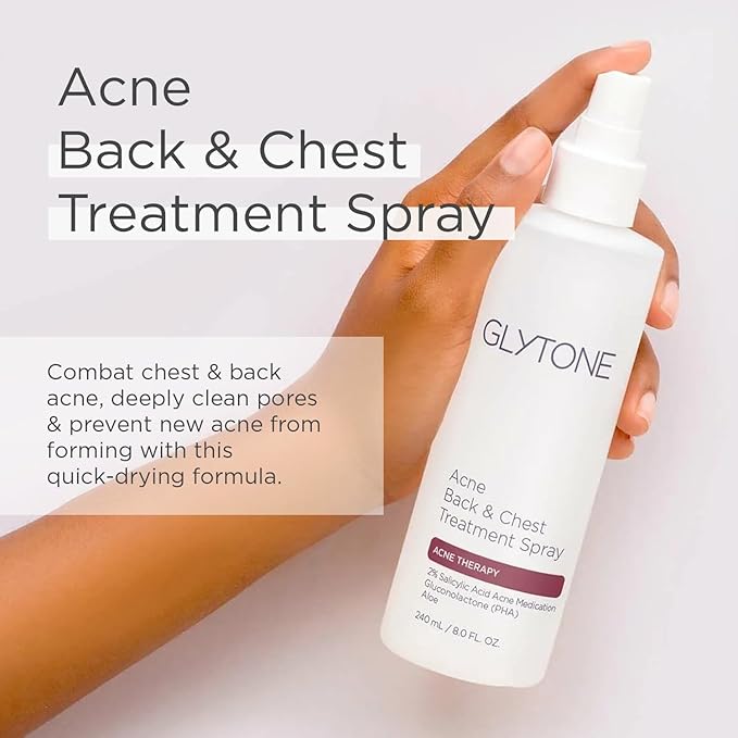 Glytone Chest & Back Acne Treatment Spray – 2% BHA Salicylic Acid with Gluconolactone – Body Acne Treatment for Bacne & Blackheads – Quick-Dry & Fragrance-Free Spray for Normal to Oily Skin – 8 fl oz