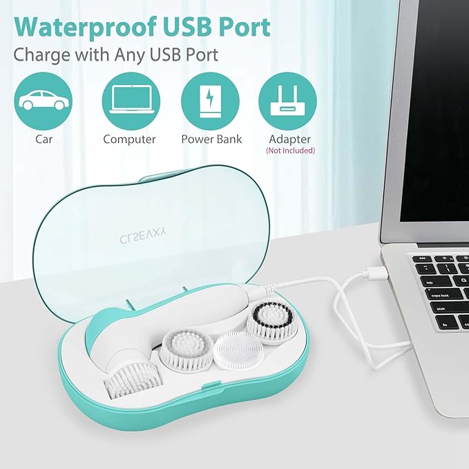 Rechargeable Facial Cleansing Spin Brush Set with 4 Exfoliating Brush Heads - Complete Face Spa System by CLSEVXY - Waterproof Face Scrubber for Gentle Exfoliation and Deep Scrubbing