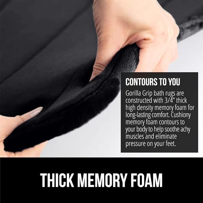 GORILLA GRIP Memory Foam Bath Mat, Soft Absorbent US Designed Bathroom Rug, Gripping Dots Machine Washable Bathmat, Cushioned Floor Mats, Shower Sink Rugs Room Décor Accessories, 24x17 Black