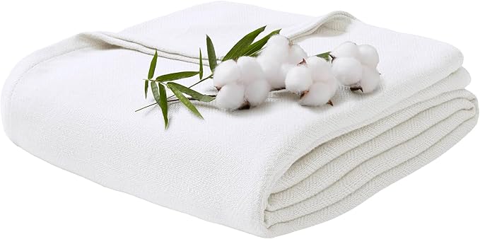 Twin Size Blanket, 70% Rayon (Derived from Bamboo) and 30% Cotton, Lightweight Jacquard Weave, Breathable and Soft Summer Blanket for Bed or Couch, 66” x 90”, White