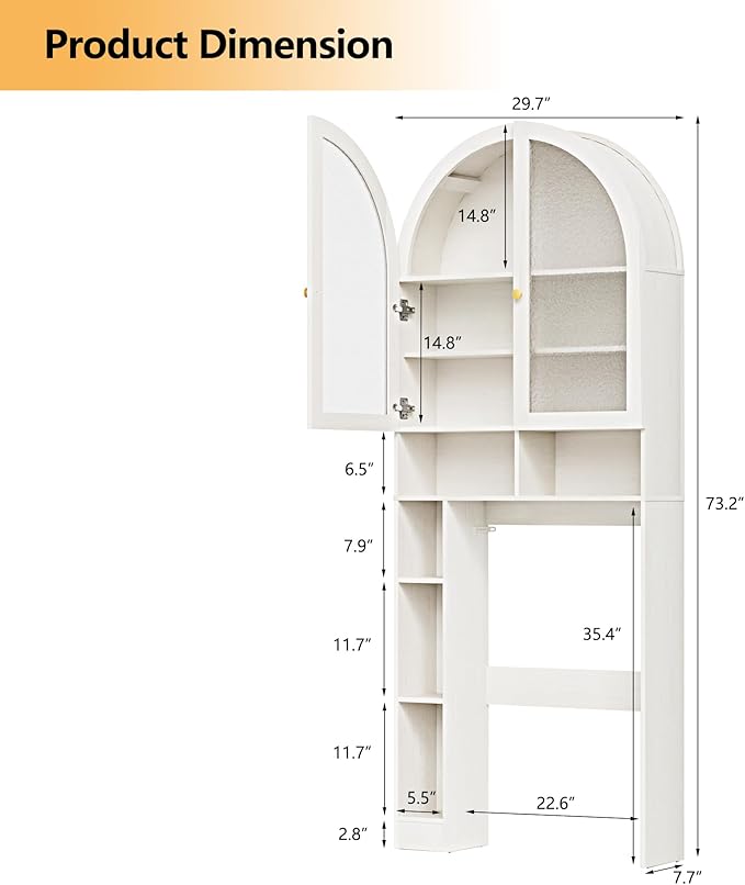 Over The Toilet Storage Cabinet, 29.7”W Modern Storage Cabinet Over Toilet with Acrylic Doors, Arched Freestanding Over Toilet Rack with Adjustable Shelf for Bathroom, Antique White