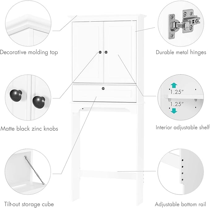 Spirich Over The Toilet Storage Cabinet, Bathroom Above Toilet Storage Cabinet with Doors and Adjustable Shelves, White