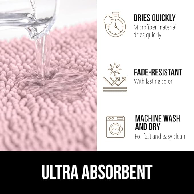 GORILLA GRIP Plush Absorbent Shaggy Chenille Bath Rug Mat for Square Toilet Base with Rubber Backing, Machine Washable Rugs, Soft Microfiber Contour Mats for Toilets, Bathroom Decor, Lt Pink
