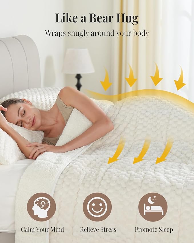 Topblan Weighted Blanket for Adults (60" x 80" 15lbs, Cream White), Soft Sherpa Queen Size Heavy Blanket, 3D Jacquard Flannel Fleece Weighted Blankets for Couch and Bed