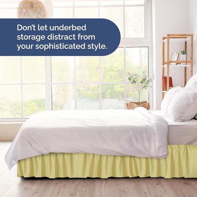 Wrap Around Dust Ruffle Bed Skirt - Yellow - for Full Size Beds with 15 Inch Drop - Easy Fit Elastic Strap - Adjustable Pleated Bedskirt w/Brushed Fabric - Wrinkle Free - for Women, Men, Kids & Teens