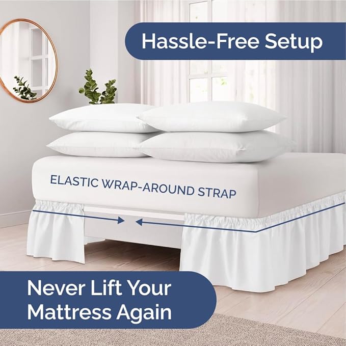 Wrap Around Dust Ruffle Bed Skirt - White - for Full Size Beds with 24 Inch Drop - Easy Fit Elastic Strap - Adjustable Pleated Bedskirt w/Brushed Fabric - Wrinkle Free - for Women, Men, Kids & Teens