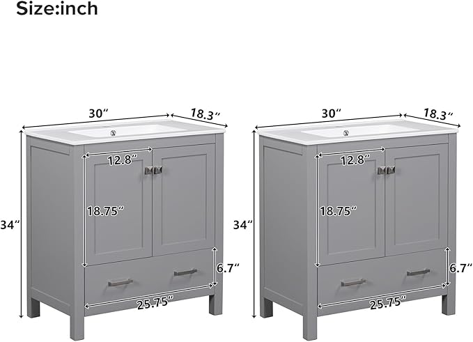 60" Bathroom Vanity Set with Double Vanities, Double Ceramic Sinks, Storage Shelf, Soft Closing Doors, Divided Drawers (Mirror not Included), Large Bathroom Vanity Sink Set (Grey)
