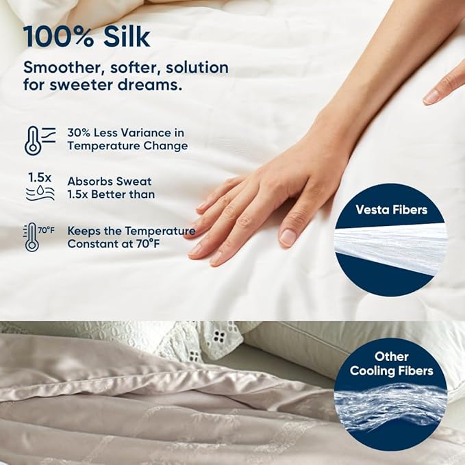 Vesta Silk-Filled Summer Lightweight Comforter, Washable Cooling Blanket for Hot Sleepers, Long Staple Mulberry Silk, Moisture & Thermal Control (Queen, Mirage White)