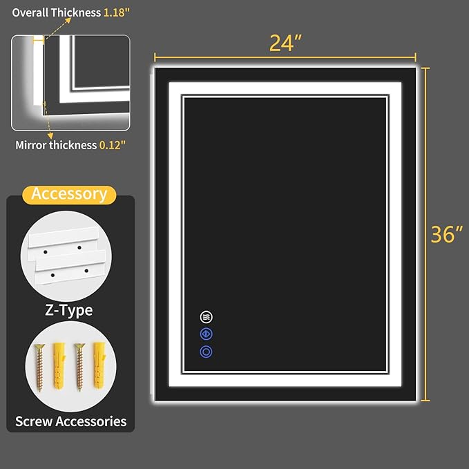 24X36 LED Bathroom Mirror with Lights, Anti-Fog, Backlit + Front Lit, Dimmable, Led Vanity Mirror for Wall, Lighted Bathroom Mirror, 3 Colors, Shatter-Proof Tempered Glass